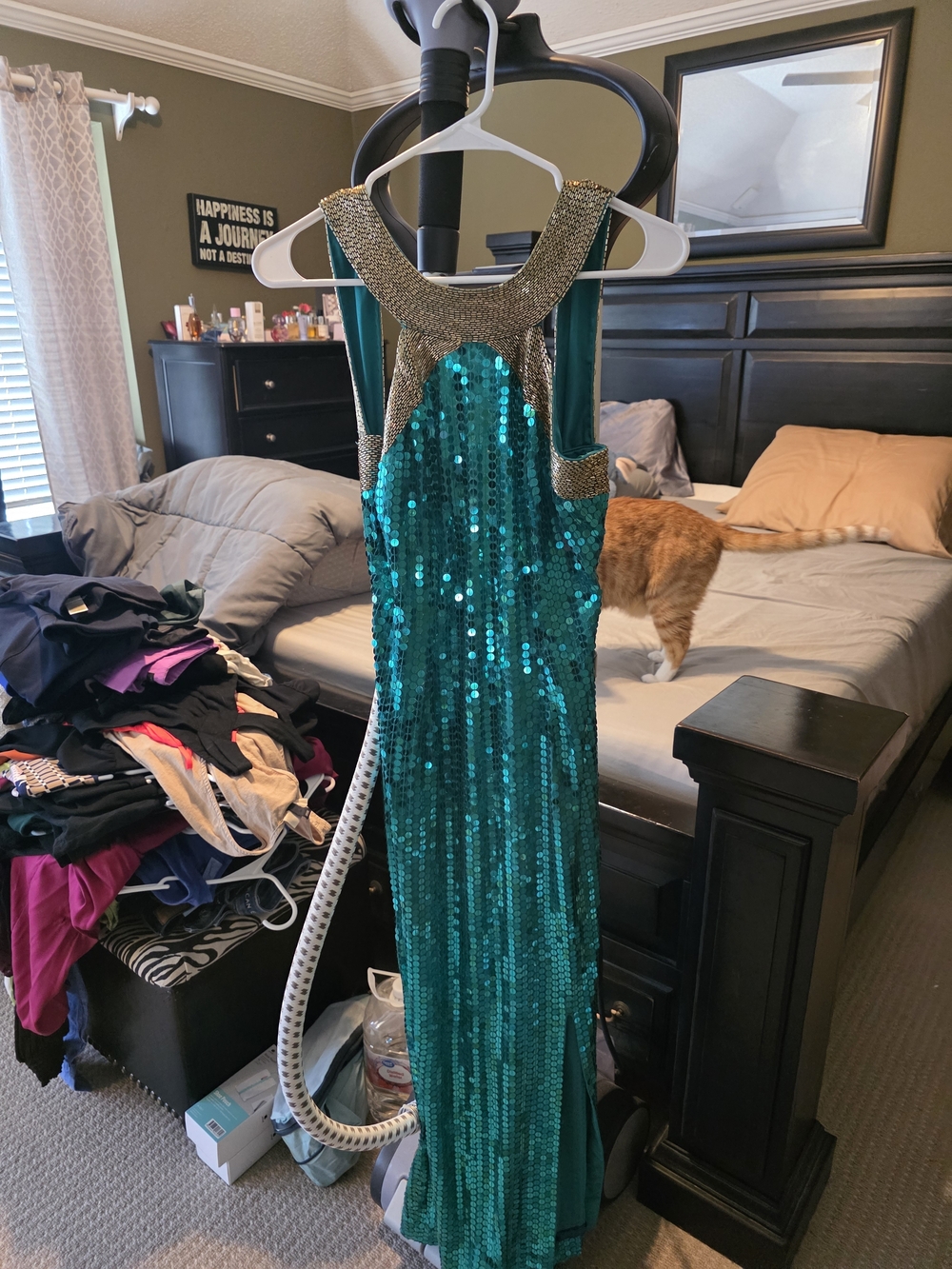 Teal Sequin Maxi Dress with Gold Trim